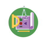 illustrative icon of compass, pencil, protractor and paper