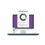 illustrated icon of computer screen and coffee mug with graph on screen